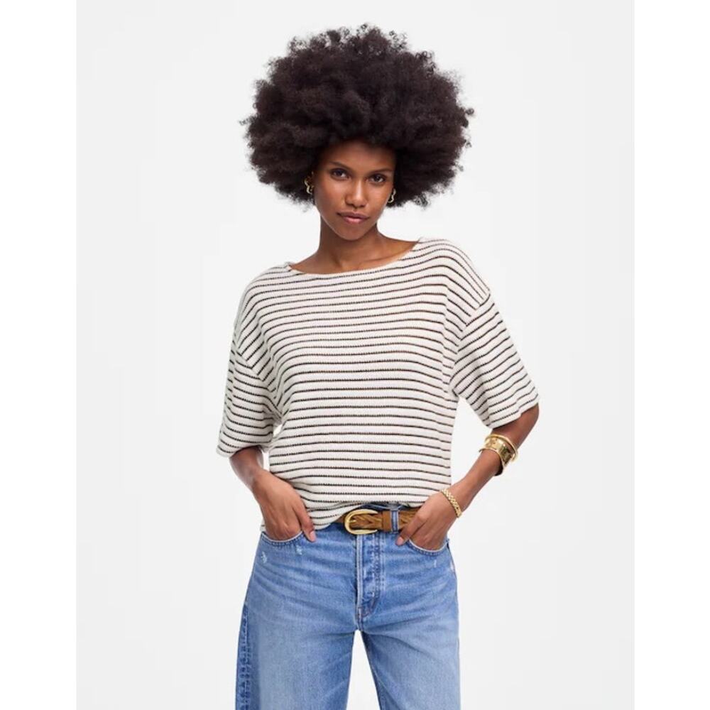 Madewell Embroidered Boxy Fit Brown Cream Knit Striped Short Sleeve Tee Large